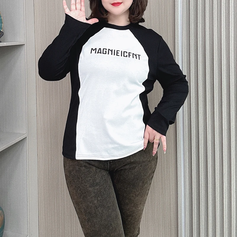 Spring/Autumn Long Sleeve T-Shirt Women Plus Size  Loose Casual Block Color Top 946