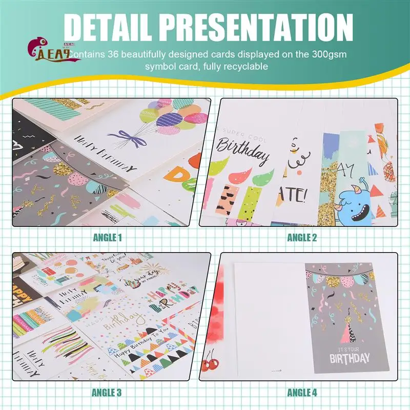 

AEA9-36 Pack Greeting Card Eco Friendly Unique Birthday Cards Large Happy Birthday Cards Set For Adults And Kids Writing