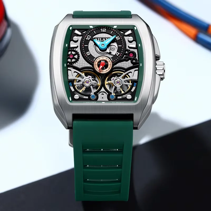 

8855 Black Steel Dual Tourbillon Dial Watch Skeleton Automatic Mechanical Wristwatch Brand New Rectangle Waterproof Sport Watch