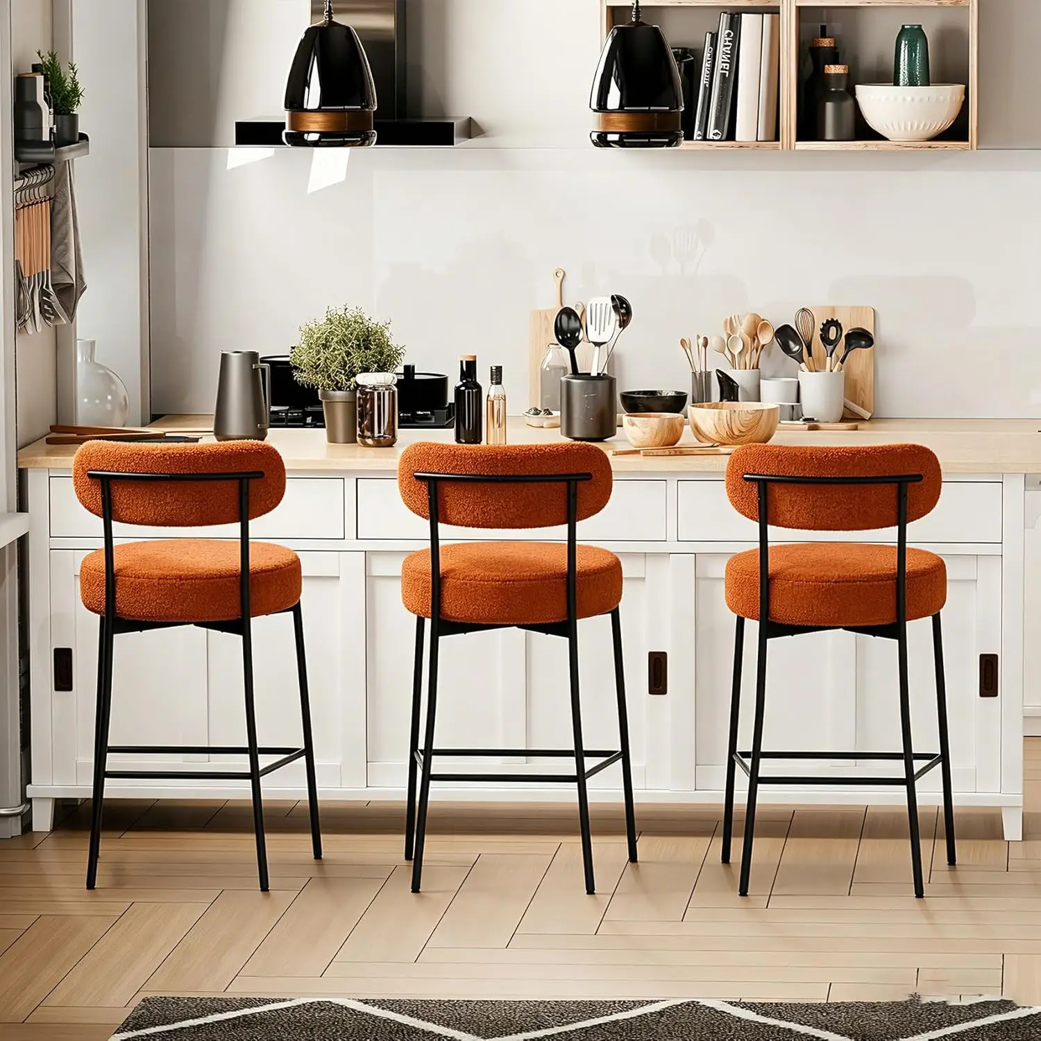 

Burnt Orange Counter Height Bar Stool Set Modern Boucle Upholstered Kitchen Island Club Coffee 28in, Custom