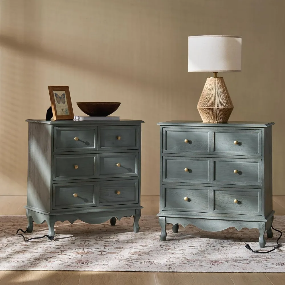 

3-Drawer Nightstand with Charging Station, Farmhouse Solid Wood Nightstand Set of 2(Blue)