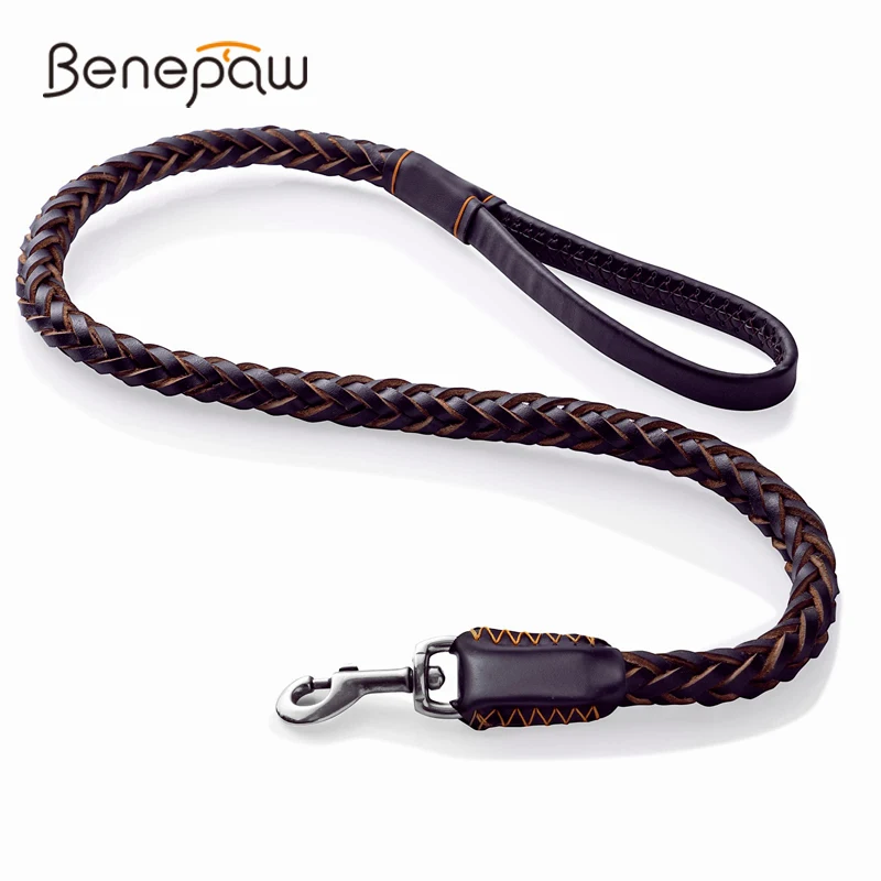 Benepaw Strong Leather Dog Leash Durable Cowhide Braided Pet Lead For Medium Large Dogs Training Heavy-duty Handmade Rope