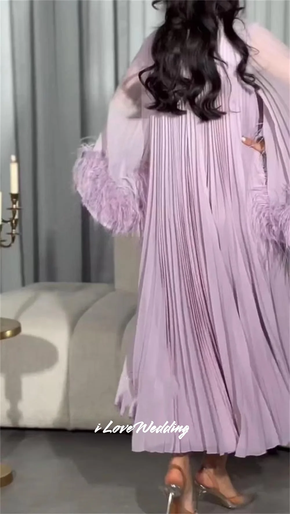 Robe de bal en mousseline de soie, plumes violettes, ligne a, col rond, manches longues, élégante, dubaï, arabie saoudite, longueur cheville, plissée, personnalisée