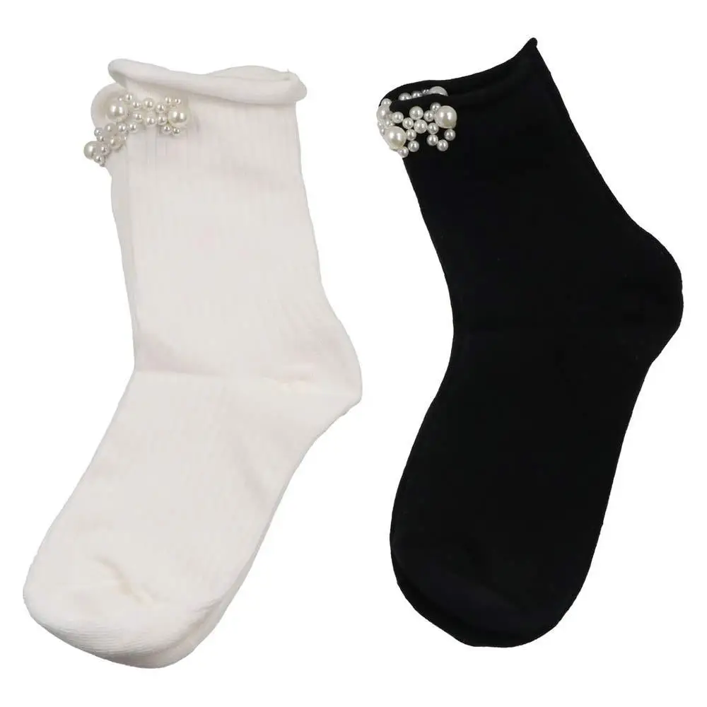 Korean Reto Pearl Sock Breathable Women Cotton Socks Ruffles Bow JK Lolita Socks Pearl Mid Tube Retro Preppy Style Socks Girls