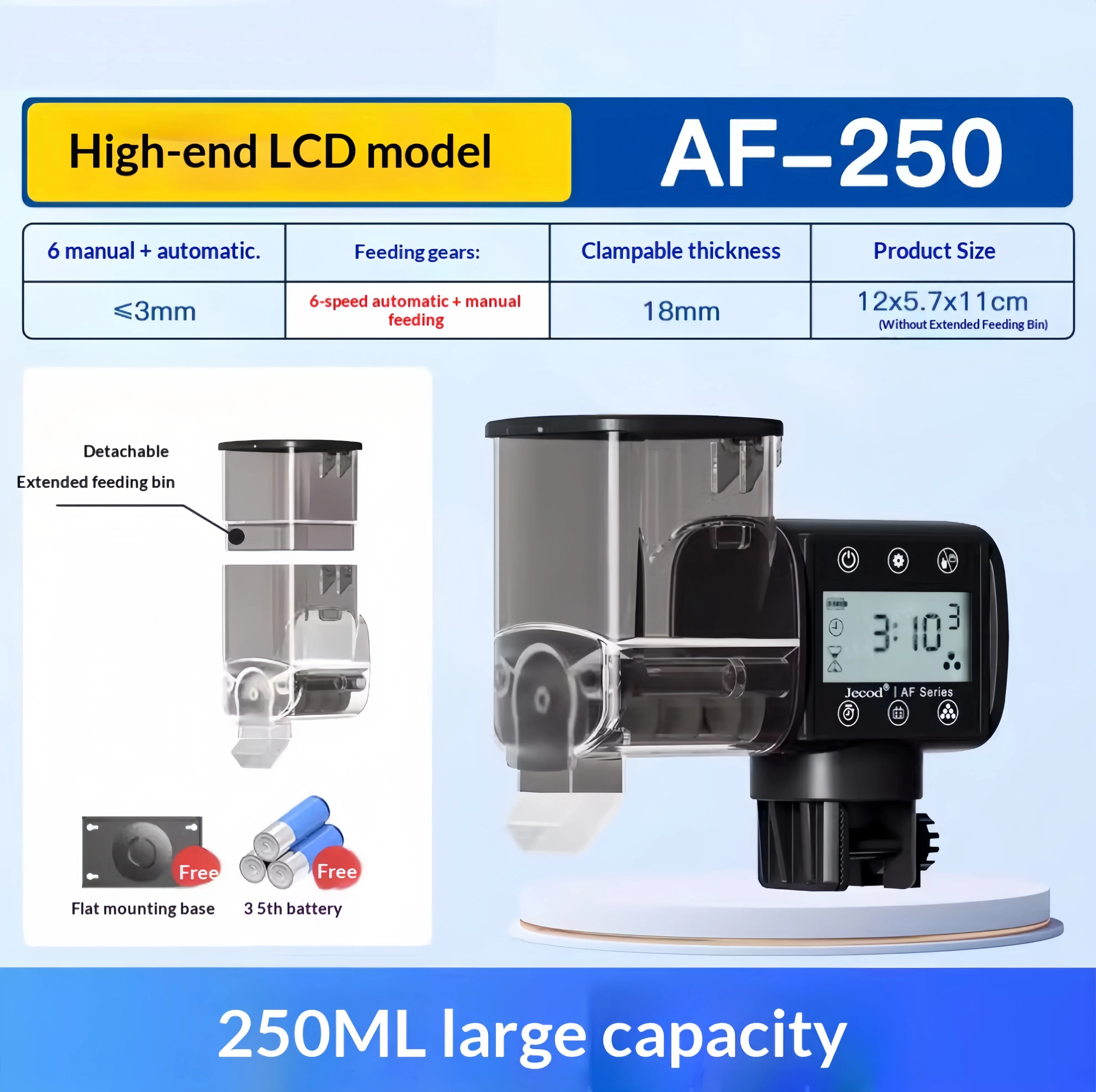 

Jebao Smart Fish Tank Feeder for Viewing Fish - Automatic Grain Dispenser with Timed Feeding Function, 250ml Large Capacity