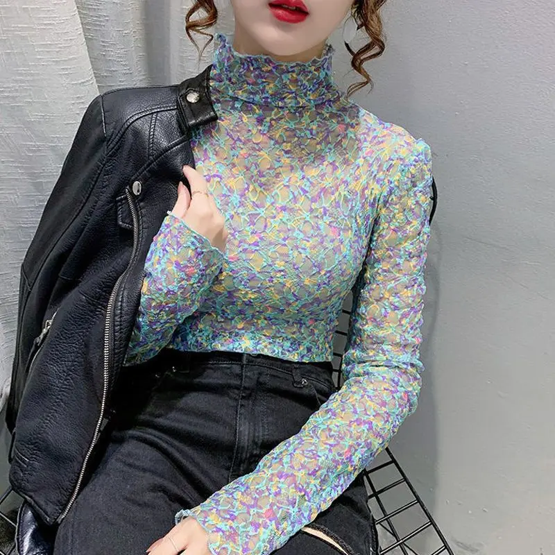 Women's Clothing Winter Thin Pullovers Long Sleeve Turtleneck Temperament Undercoat Fashion Printing Slim Casual Sweet T-Shirts