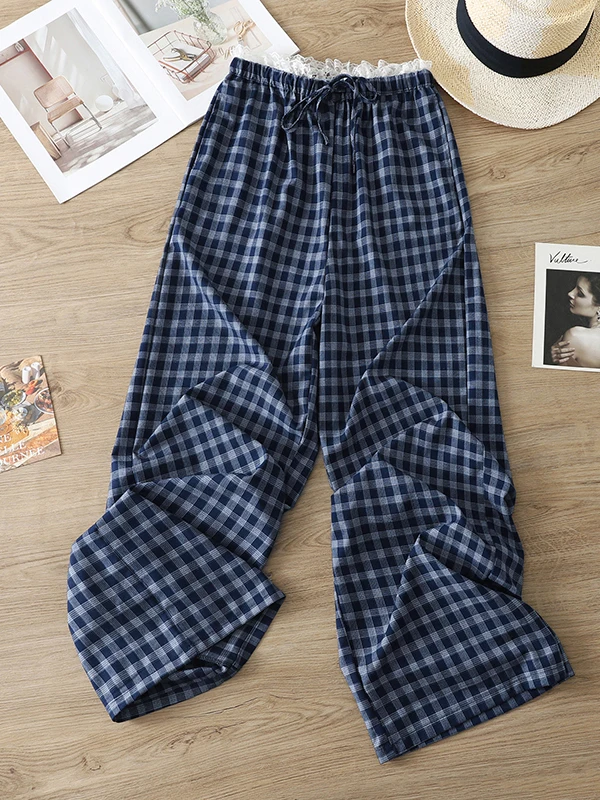 

High Waist Draped Ice Silk Wide Leg Pants Casual Plaid Lace Trim plus Size Women's Summer Thin Style Casual Trousers