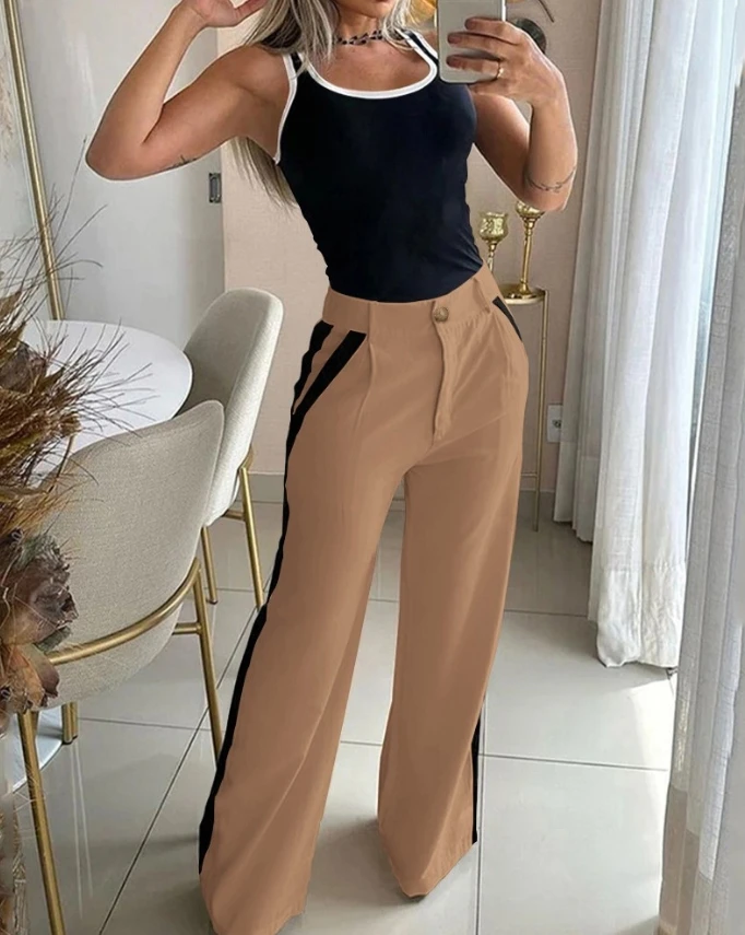 Women's Fashion Suits 2024 Spring Summer Latest Sports Style U-Neck Contrast Binding Sleeveless Tank Top & Striped Pants Set