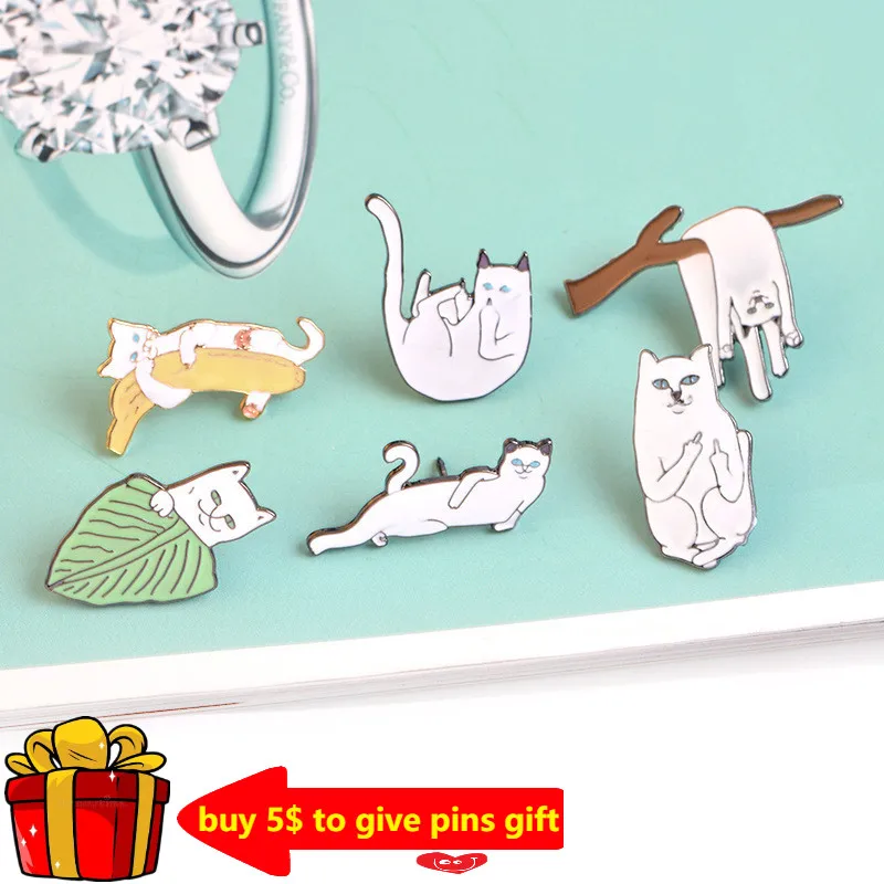 White Cat Enamel Pins Custom Middle Finger Lazy Cat Animal Brooch Clothes Lapel Pin Metal Badge Cartoon Jewelry Gift Wholesale