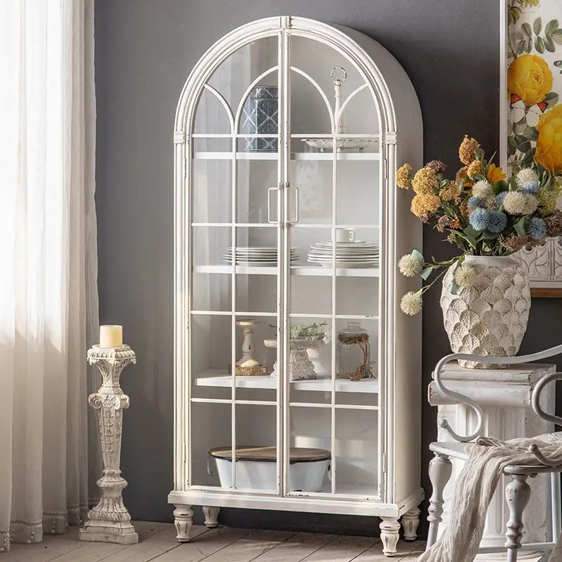 French retro wine cabinet solid wood against the wall display cabinet household living room dining room locker multi-layer white