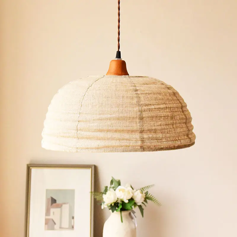 Linen Fabric Lampshade LED Pendant Lights Japanese Wabi Sabi Chandelier Living Room Restaurant Dining Table Illumination Fixture