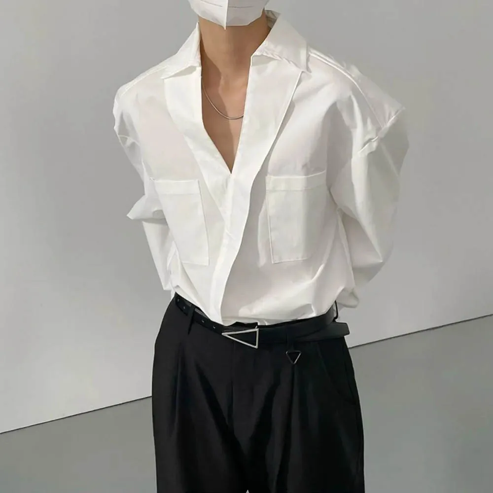 

Осенняя новая мужская однотонная рубашка с v-образным вырезом и длинными рукавами в американском стиле ретро, модные тенденции, простые повседневные свободные дышащие мужские топы