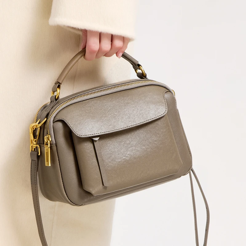 

2026 New Spring Women's Fashion Genuine Leather Small square Handbags Female Luxury Designer crossbody messenger bag Boston bag