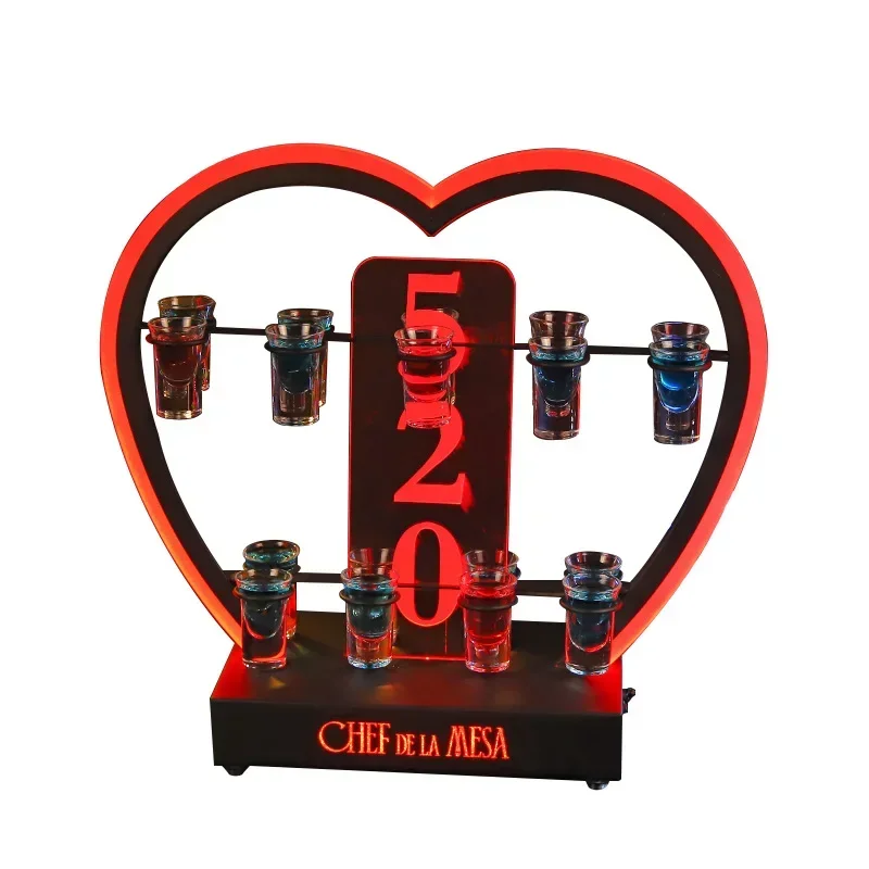 Bar Party Night Club Customized Rechargeable LED Shot Glass Cocktail cup Holder Heart Display barware Serving Stand Shot Tray