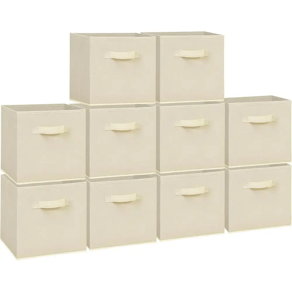 

10-Pack Beige Fabric Storage Cubes with Handles, Collapsible for Home and Office, Ideal for Closets, Shelves, Rooms