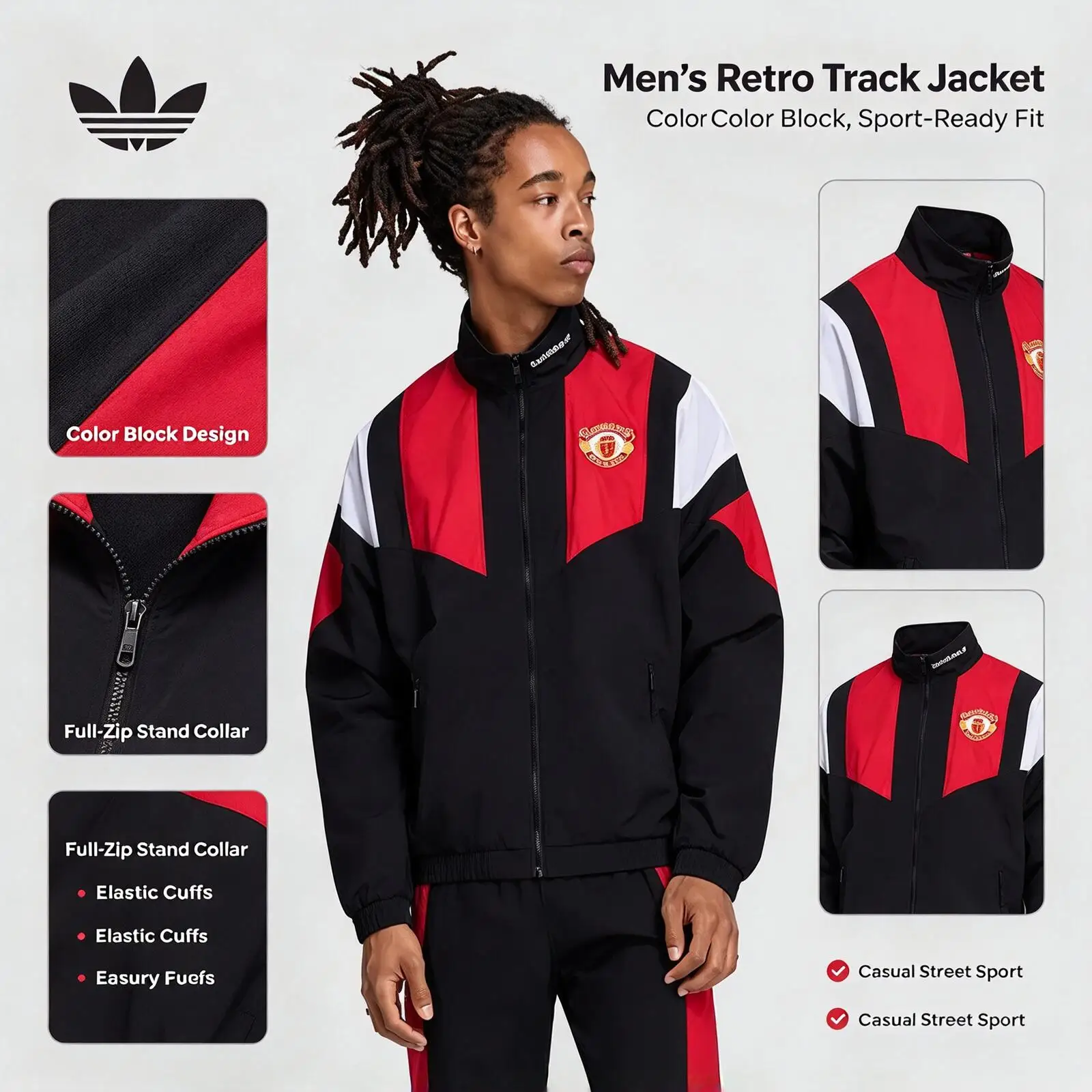 Adidas Originals KHA4827 Men Retro Track Jacket, Color Block Full-Zip Stand Collar, Casual Street Sport Outerwear