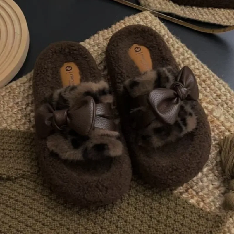 

Leopard Bow Women Flats Plush Slippers Fashion Fur New Shoes 2025 Winter Designer Elegant Shoes Casual Cozy Zapatillas De Mujer