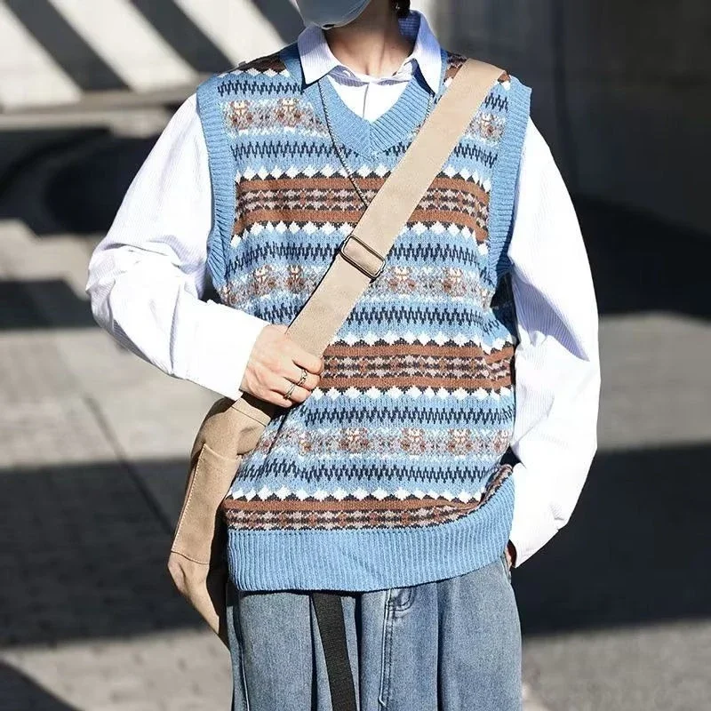 الرجال اليابانية الرجعية الخامس الرقبة متماسكة سترة مخطط البلوز الطبقات سترة الكورية نمط عادية فضفاض ربيع الخريف تنوعا