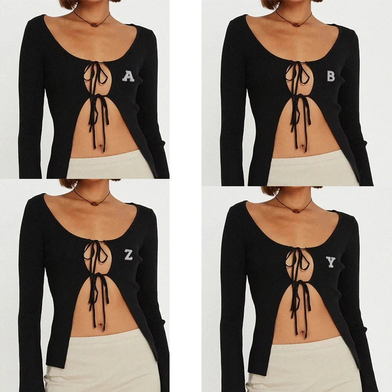 Pearl Letter Frenum Blouses Female Open Sexy Camisole Women Halter Crop Tops Sexy Long Sleeve Slim Fit Casual Vest Essentials