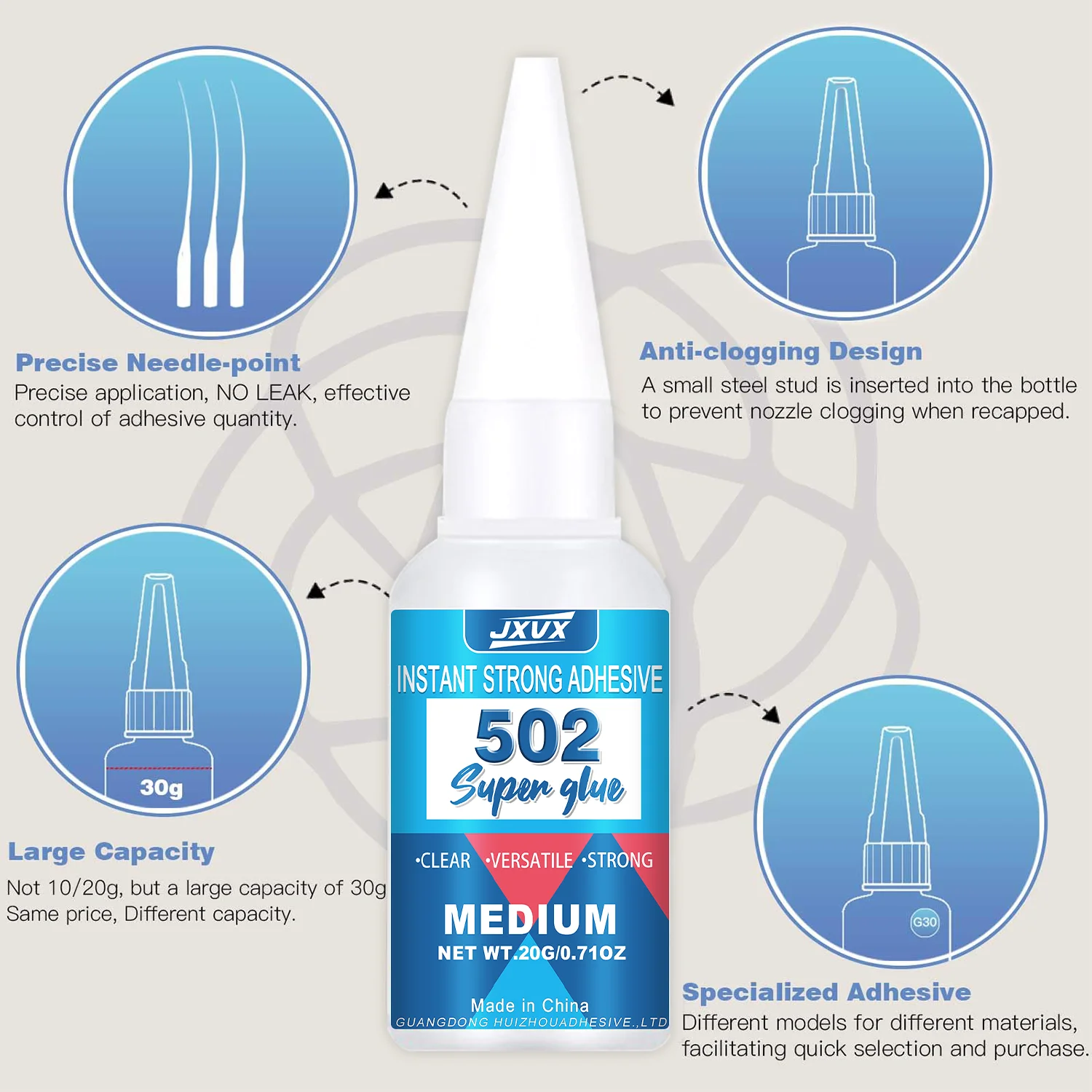 (JXVX 20 g Instant Adhesive) High-strength cyanoacrylate adhesive suitable for metal, plastic, and glass  - 5S fast-curing, high-strength