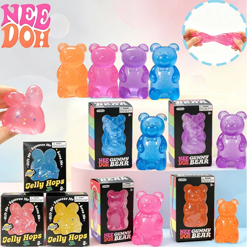 Needoh Gummy Bear Jelly Bunny Sensory Toy Stretch Clear TPR Fidget Decompression Toy Relief Anxiety Heal Relax Office Desk Decor