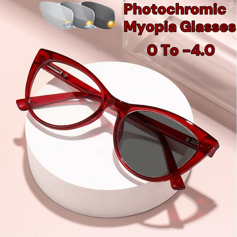 

Ladies Trendy Photochromic Myopia Glasses Fashionable Cat Eye Frame Anti Blue Light Eyewear Stylish Women Minus Sight Glasses