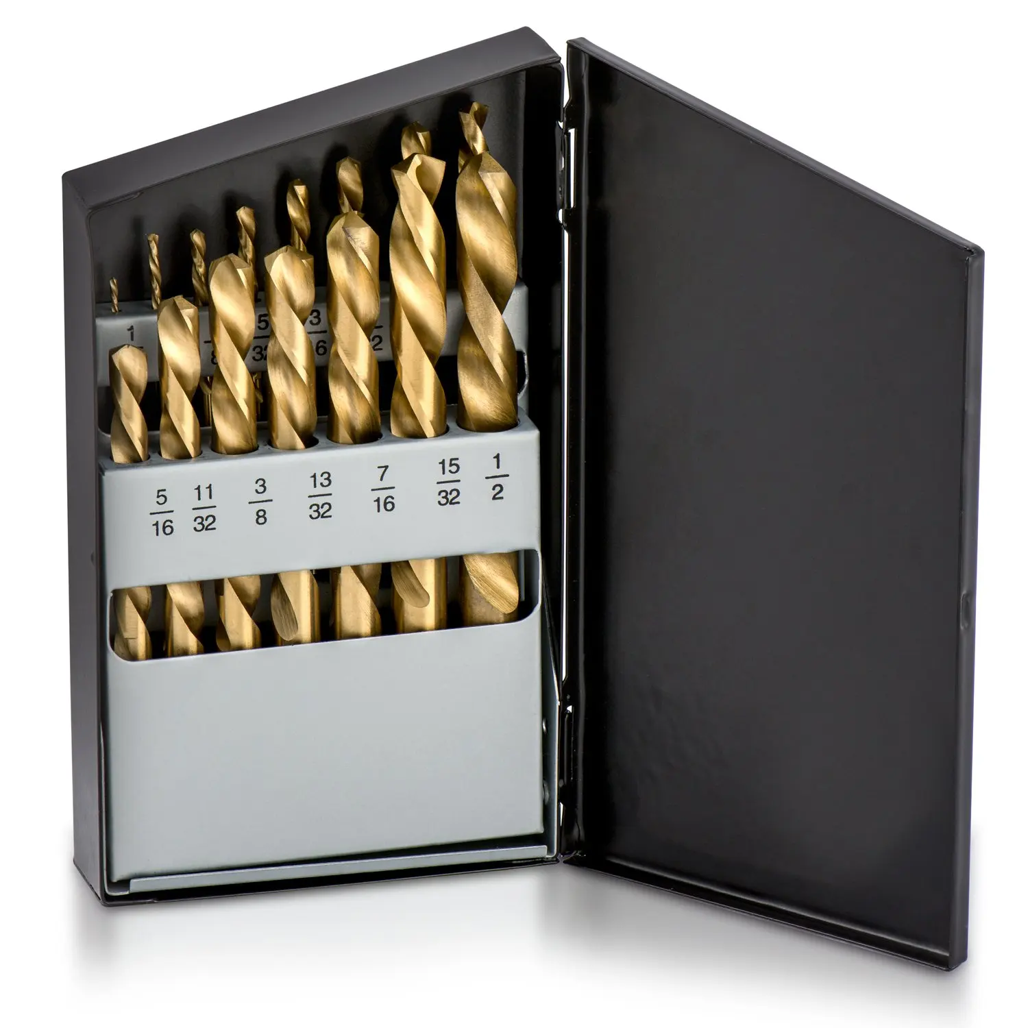 

15-Piece Left-Hand Drill Bit Set, High-Speed Steel, Titanium Coated, SAE Sizes