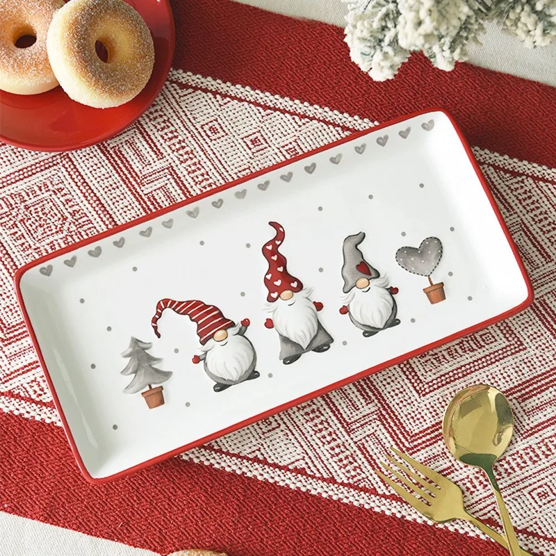 Nordic Rectangular Ceramic Santa Claus Plate Creative Christmas Plating Ceramic Flat Plate Kitchen Embossed Western Tableware