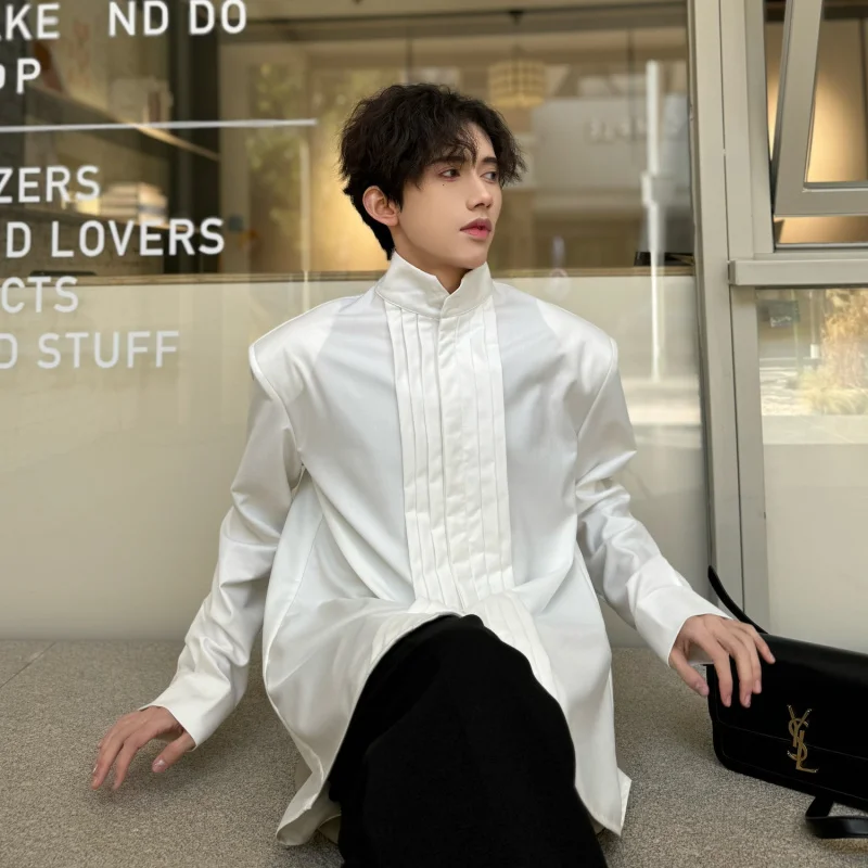 

Мужская винтажная рубашка свободного кроя с наплечниками и складками-аккордеон, длинный рукав, из полиэфирного волокна, для весны и осени