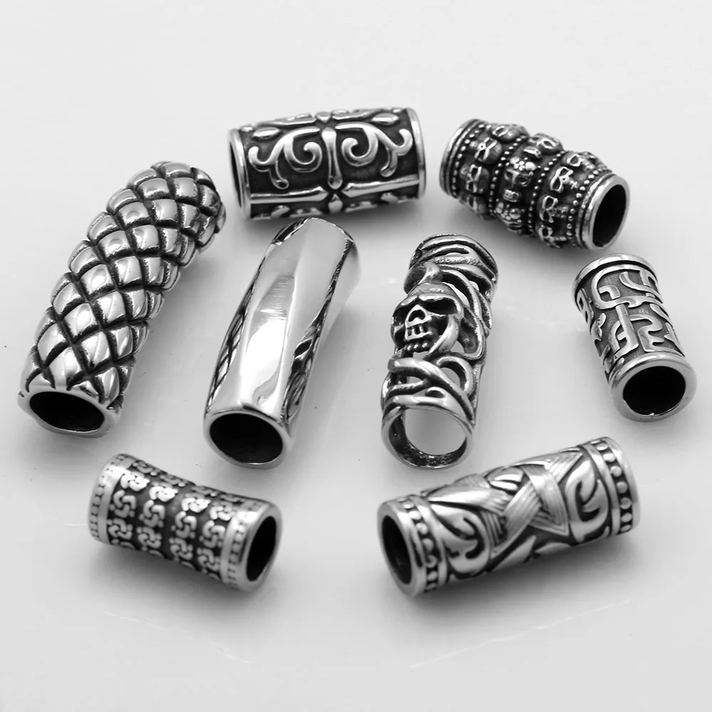 2pcs Stainless Steel Slider Skull Viking Punk 8-9mm Tube Bead Slide Charms Round Leather Rope DIY Men Jewelry Making Supplies