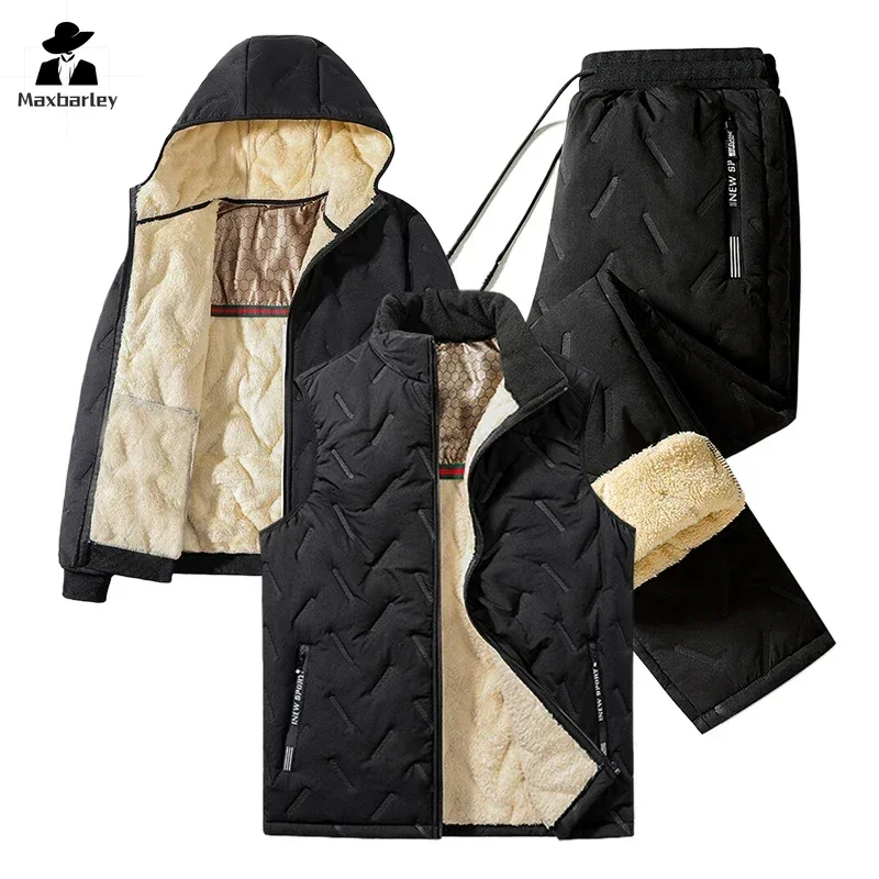 Winter Lamb Fleece Sportswear Suit Male Casual Graphene Wool Warm Hooded Jacket Vest + Pants 3 Piece Set Fashion Men's Clothing