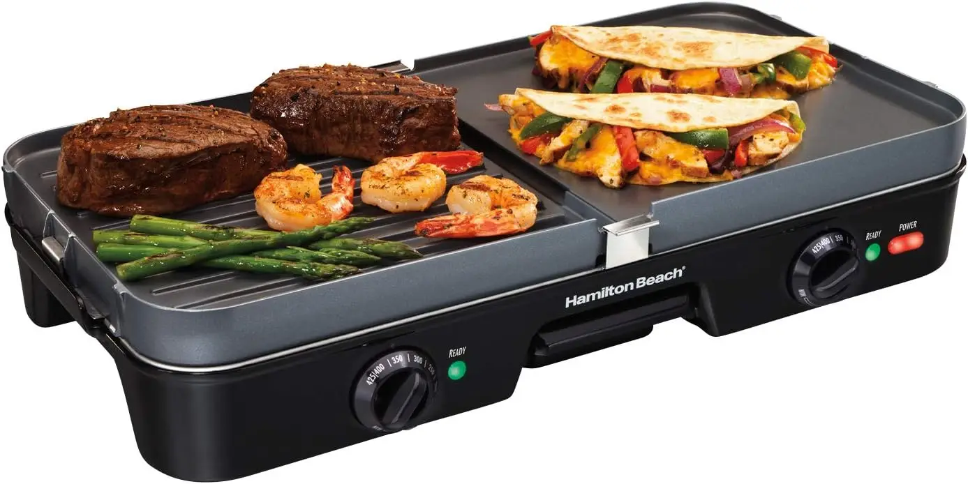 

5-Burner Propane Gas Grill and Griddle Combo, Dual-Function BBQ with Flat Top Griddle, Enameled Cast Iron Grates, Cutting Board, Twin Lids, for Outdoor Cooking