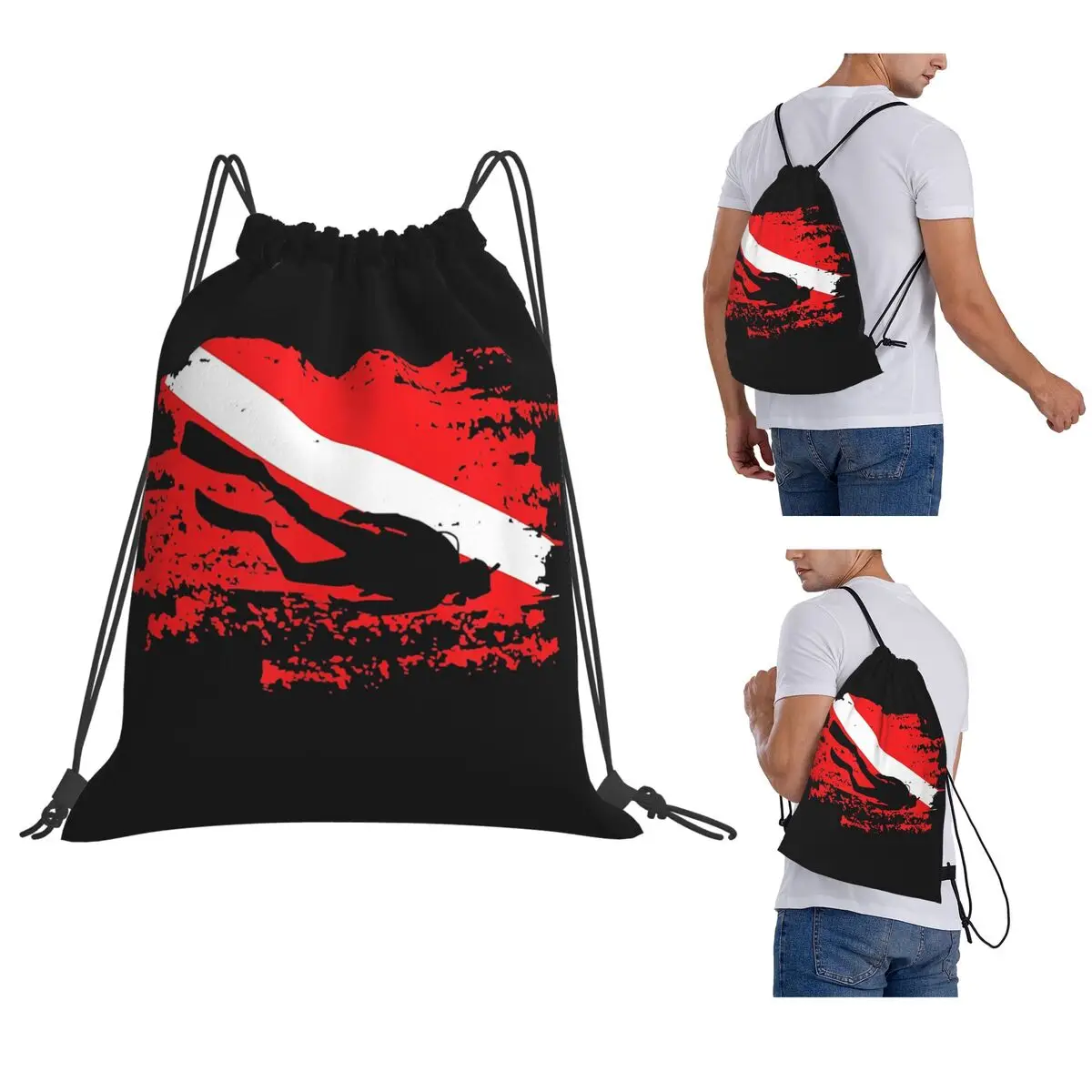 Scuba Diving Diver Down Flag Marine Diver Dive Backpacks Casual Drawstring Bags Storage Bag Book Bags for Travel Students