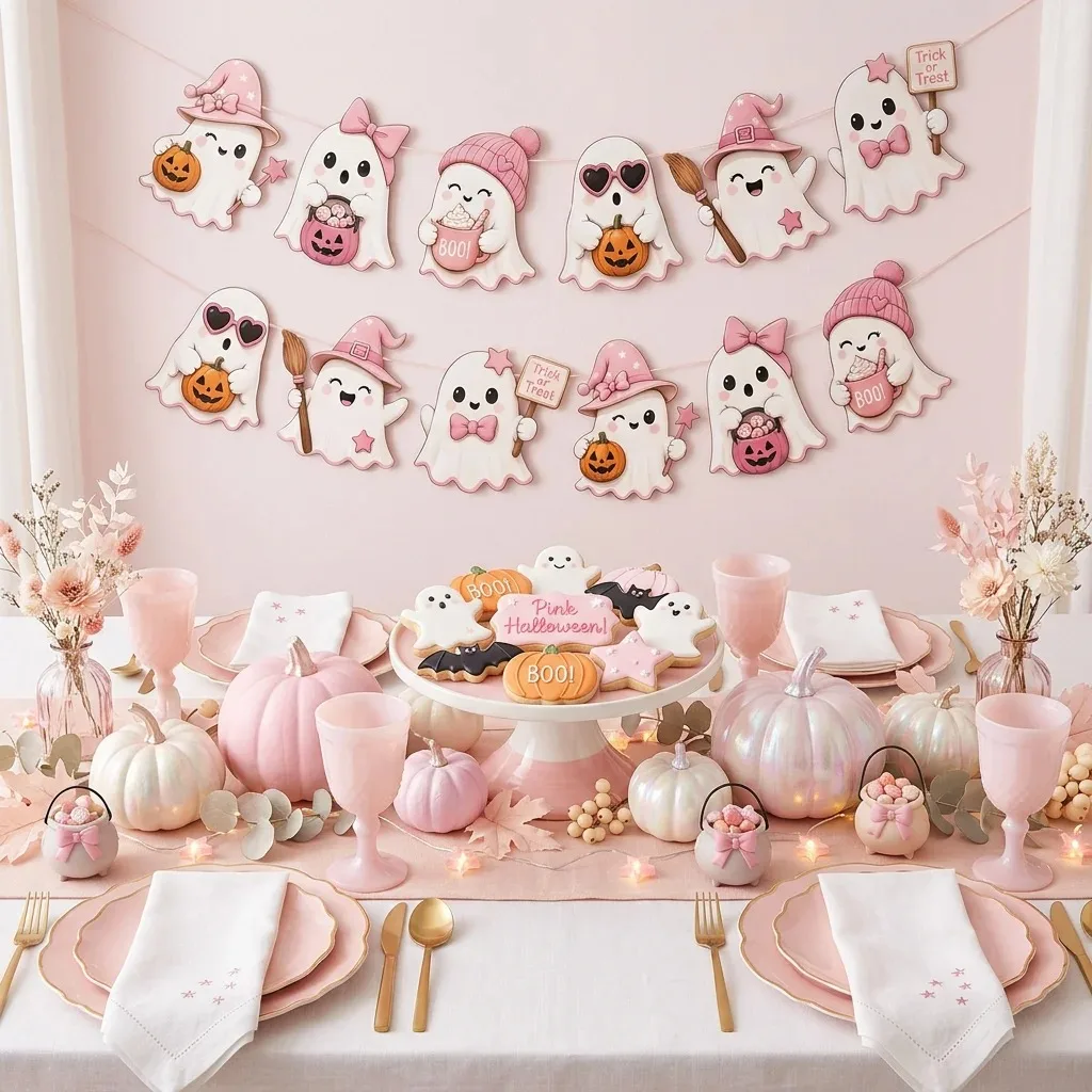 Rosa Schleifen-Geister-Halloween-Banner, niedliche Pastell-Geister-Hexenhüte, Kürbis-Ausschnitt-Wimpelkette für die Wanddekoration der Halloween-Party für Mädchen