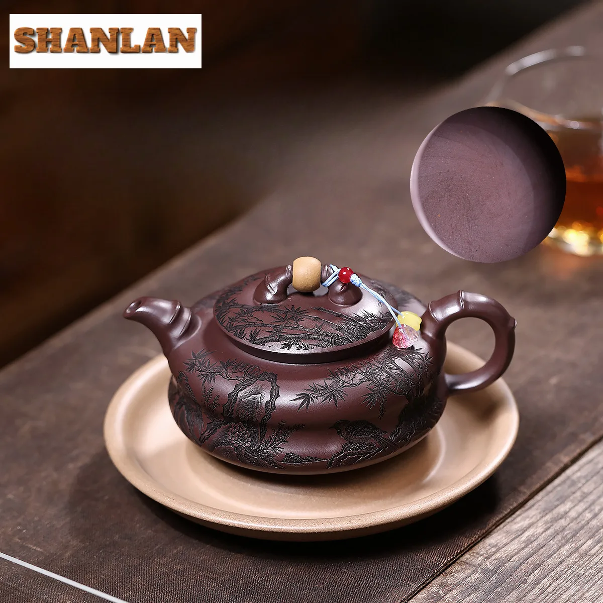 

300ml Retro Yixing Purple Clay Teapots Handmade Bamboo Pot Raw Ore Purple Mud Kettle Chinese Zisha Tea Set For Tea Ornaments
