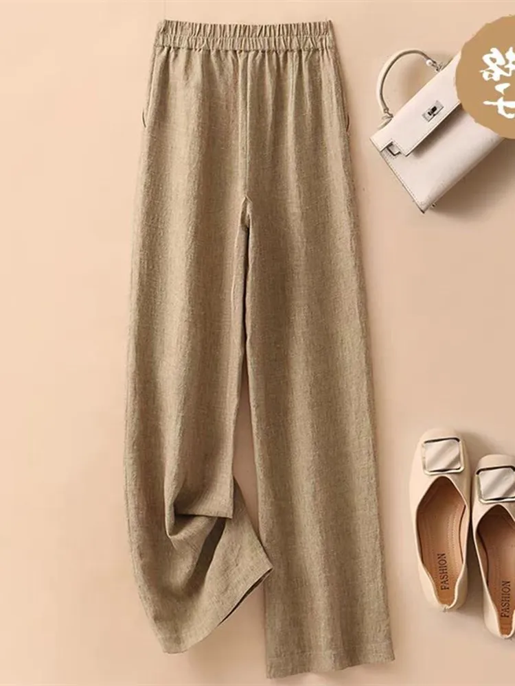 Hochgeschnittene Baumwoll-Leinen-Hose mit Weitem Bein für Damen, Lässige Gerade Hose, Sommer-Neuheit, Fließend und Hochwertig, Dreiviertel-Länge...