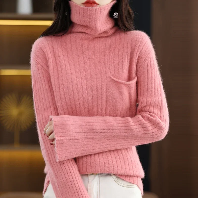 WinvyNee Women Clothing Mink Cashmere Sweater Turtleneck Solid Slim Tops with Pocket Outerwears Knit Oversized Pullover A1248015