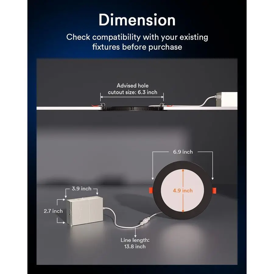 Black Smart WiFi Recessed Lights 6 Inch, Color Changing LED Recessed Lights with JBox 13W 1000LM, Dimmable Canless Wafer Downlig