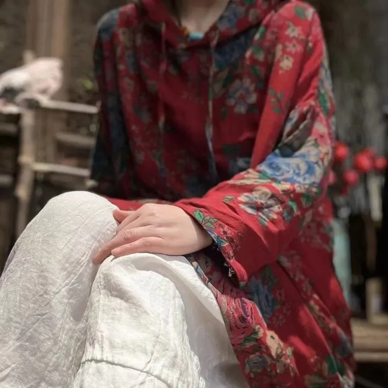 Vintage Floral Blouses Women Spring New Casual Long Sleeve Loose Cotton Linen Tops Stylish Red Hooded Shirt Literary