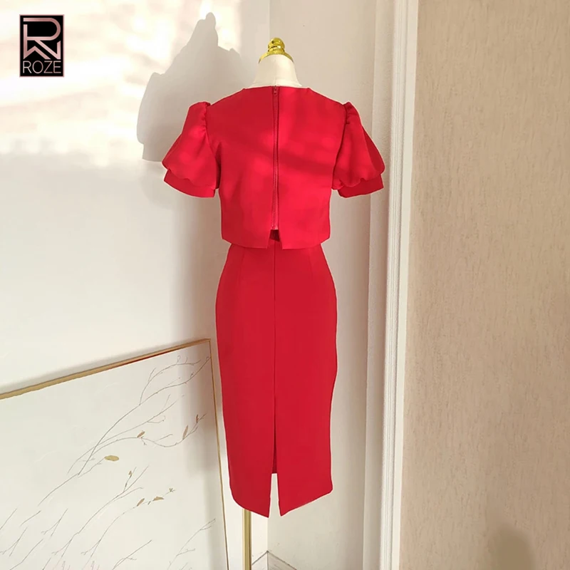 مجموعة فساتين أنيقة بأكمام قصيرة - تنورة نسائية فاخرة برقبة دائرية مطرزة مكونة من قطعتين لمجموعات تنورة الارتداء اليومي