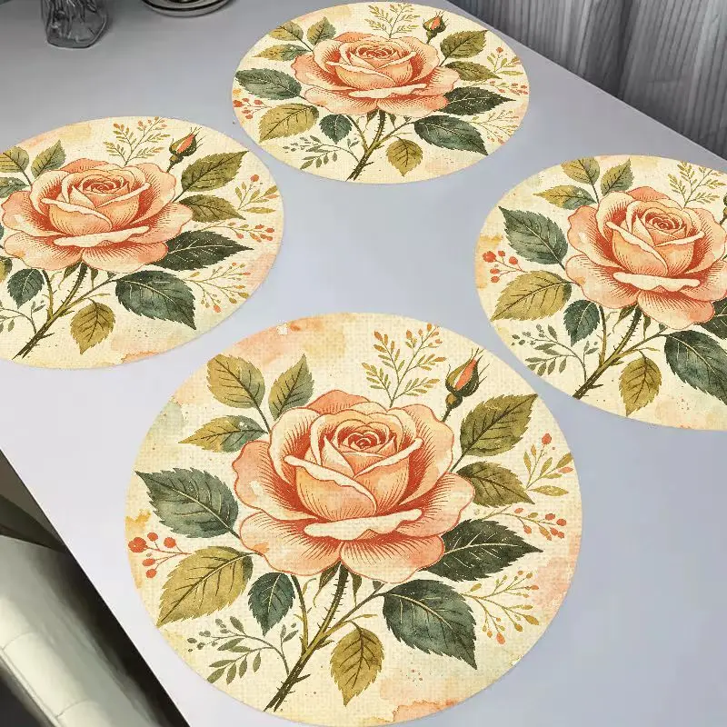 VIKAMA Vintage Peach Rose Linen Round Placemats Set of 6, Non-Slip Washable Heat Resistant Kitchen Table Mats