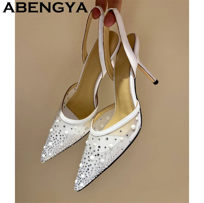 

Летние женские туфли-лодочки на шпильке с острым носком, кружевные, с кристаллами и бантом, на тонком высоком каблуке, для невесты, вечеринок и торжественных мероприятий