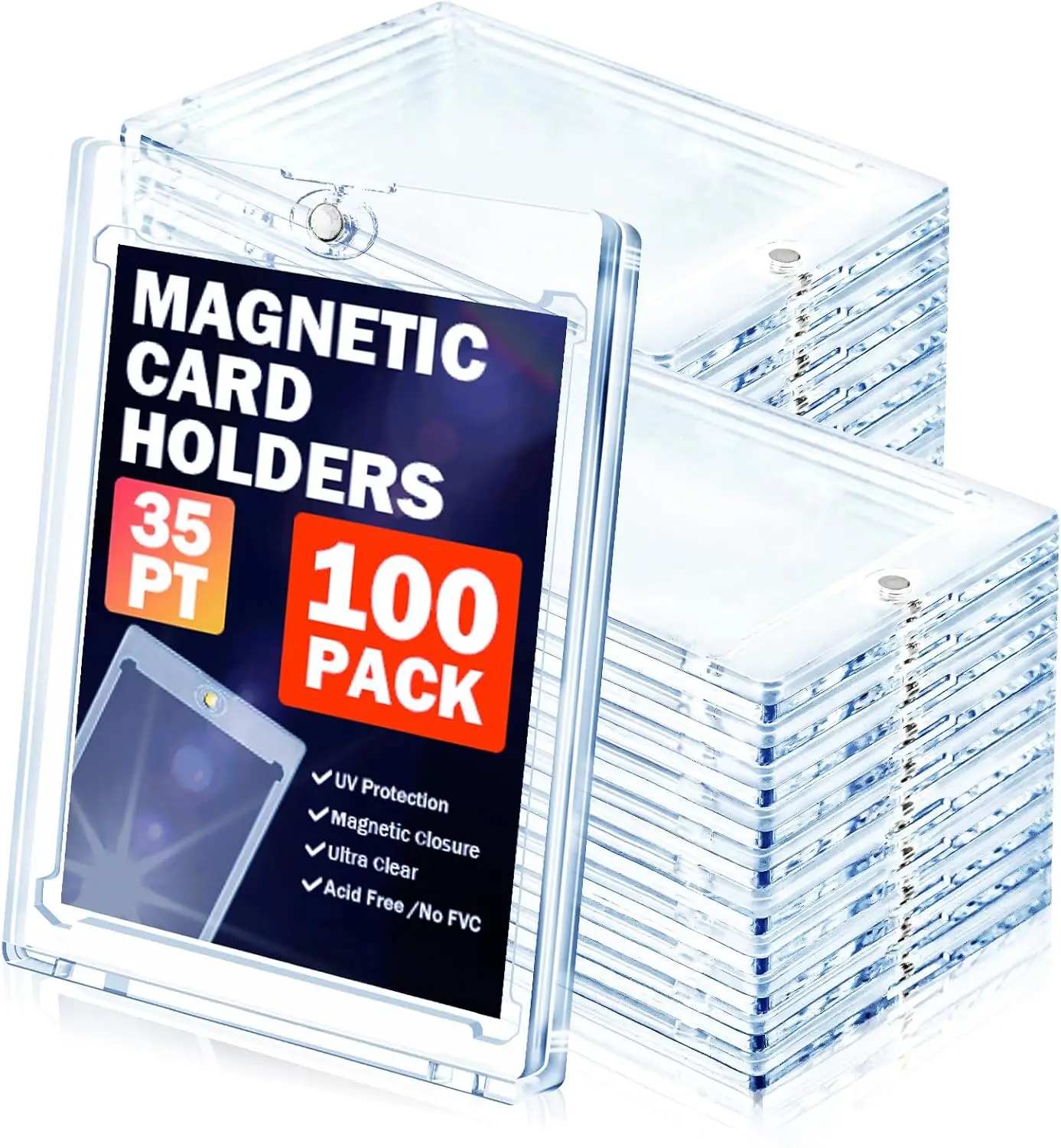 

100ct Magnetic Card Holder for Trading Cards, 35PT Hard Plastic Top Loaders, Display Case for Baseball Football MTG YUGIOH