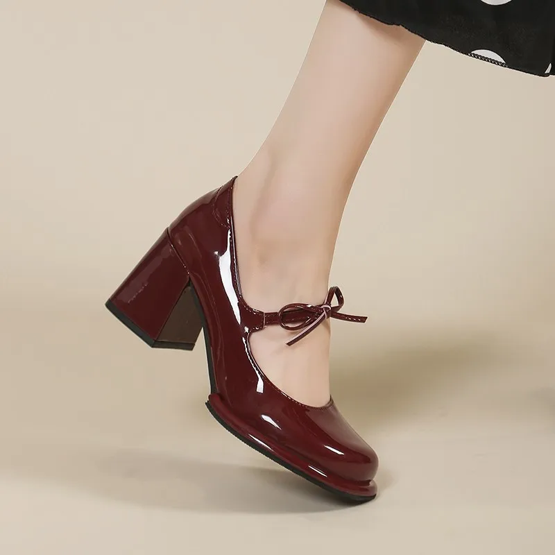 2024 Summer Good Quality Sweet Burgundy Mary Janes Pumps Women Chunky High Heeled Shoes Footwear  red heels  ladies shoes