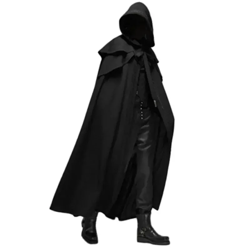 Medieval Vintage Hooded Loose Black Cloak Coats Windproof Trench Chic Winter Long Cape Poncho Gothic Mens Monk Cosplay