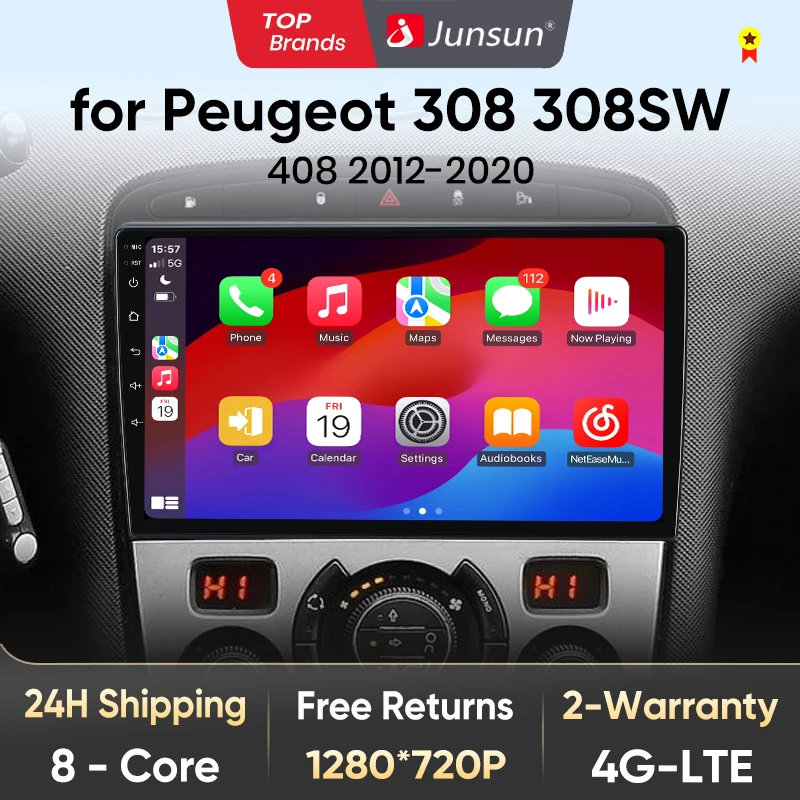 Junsun V1 AI Voice Wireless CarPlay Android Auto Radio for Peugeot 308 308SW 408 2012-2020 4G Car Multimedia GPS 2din autoradio