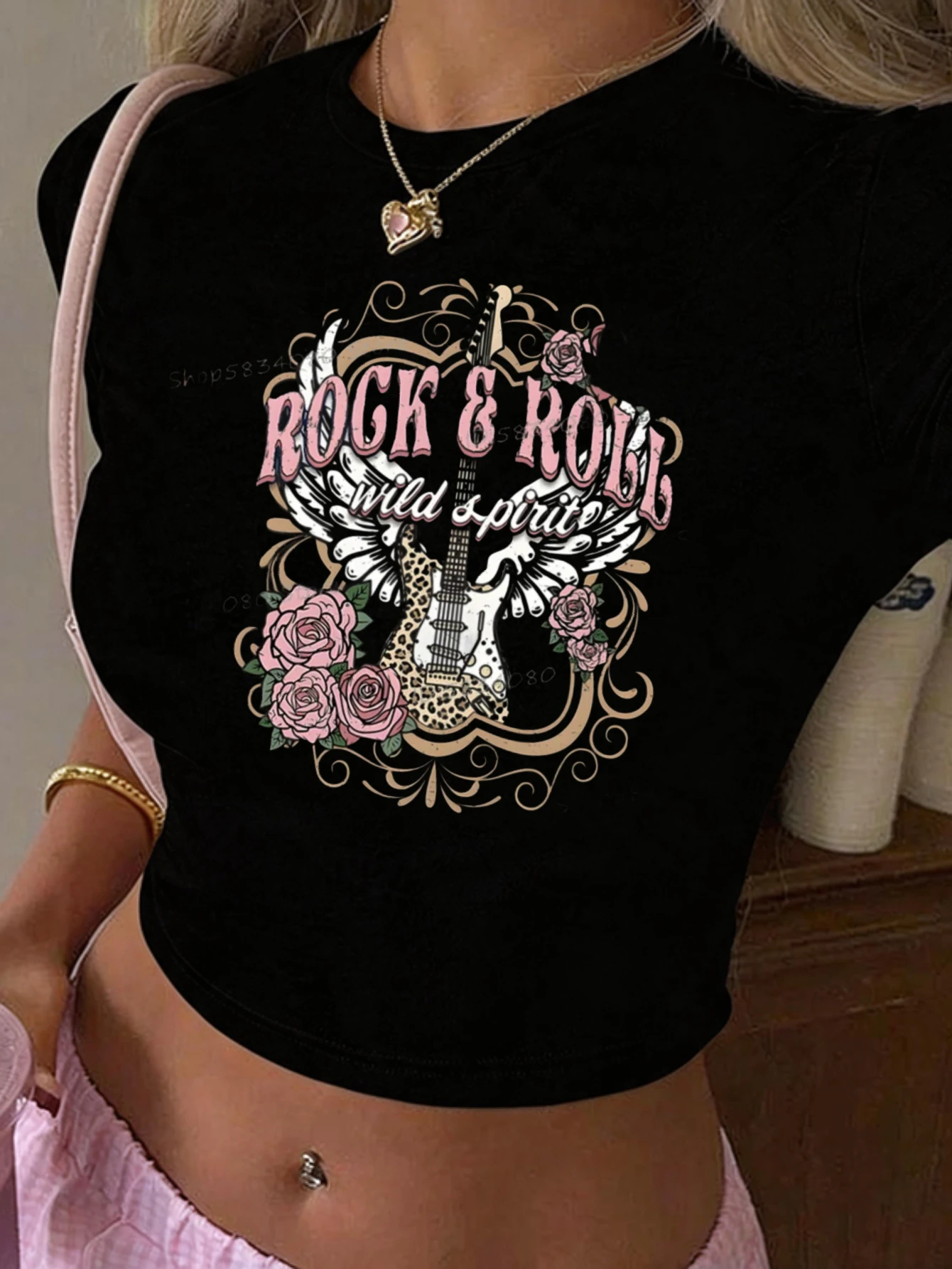 Rock And Roll Guitar Wing Graphic Women's Crop Tops Vintage Y2K 90s Female Sexy Cropped Clothes Summer Streetwear