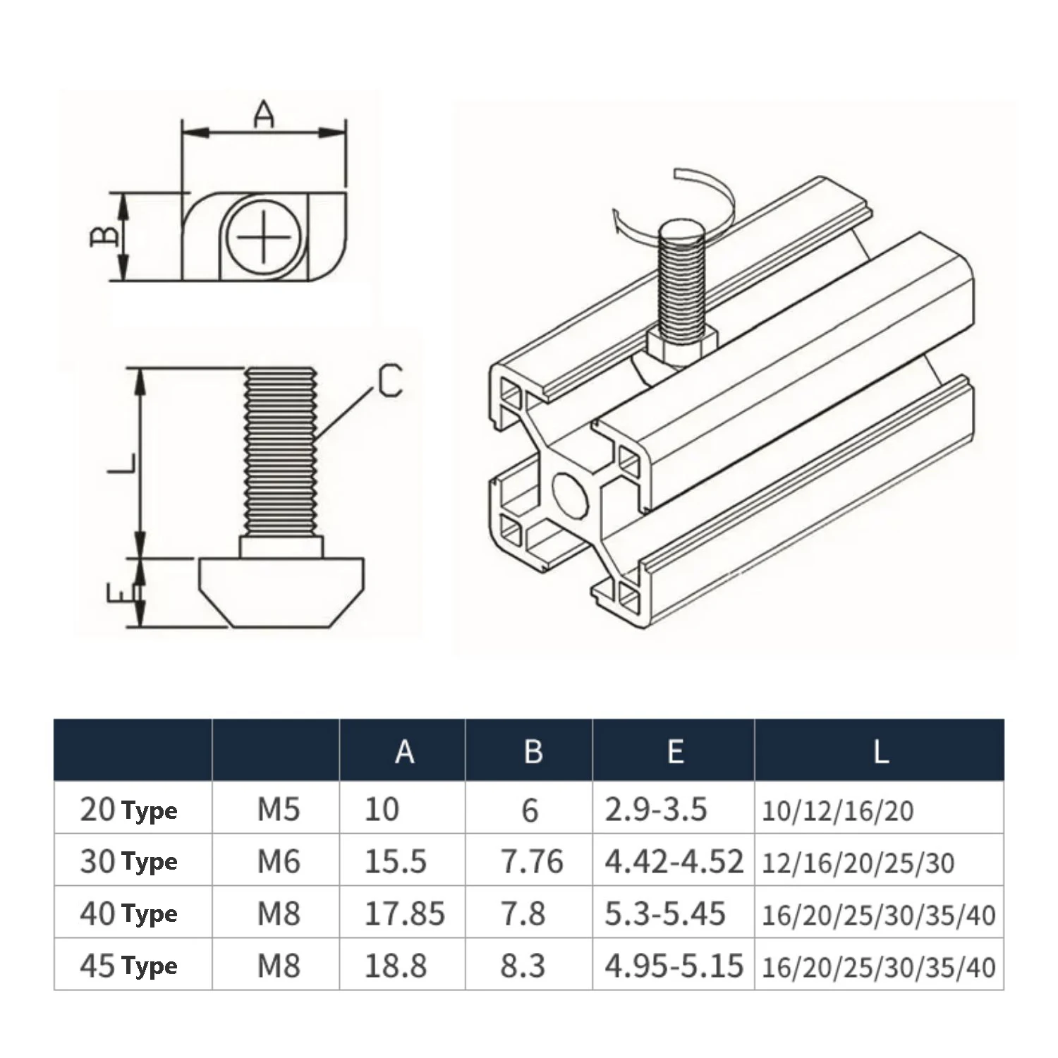 M5 M6 M8 Carbon Steel Nickel Plated T Bolt Screw with Hexagon Flange Nuts for European Standard T-Slot Aluminum Profile