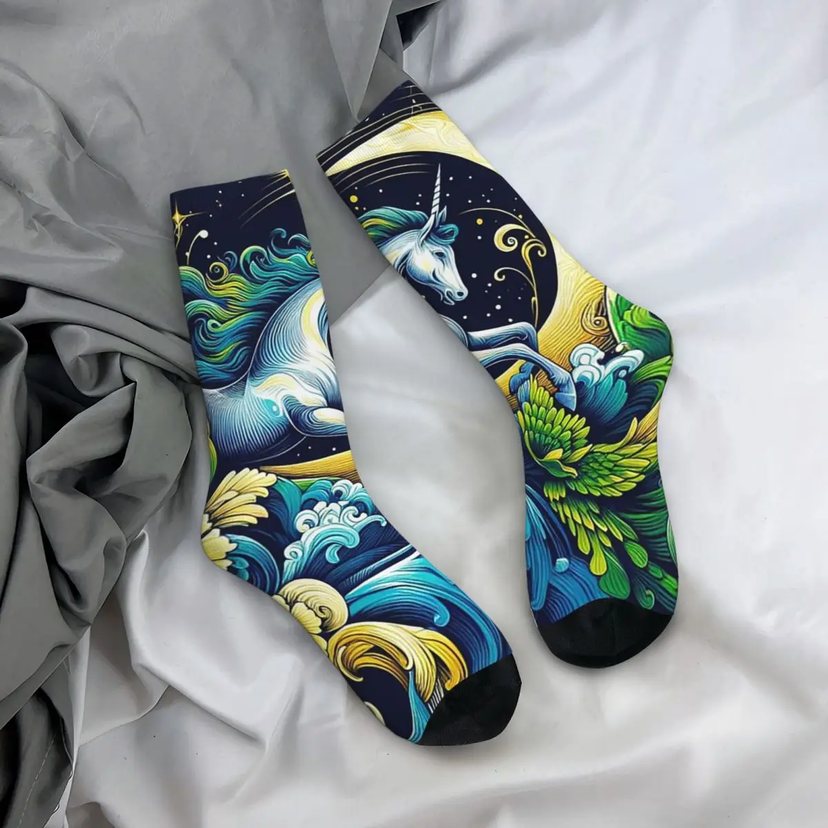 

All Seasons Crew Stockings Blue Unicorn And Flower Mane Print Socks Crazy Hip Hop Long Socks for Men Women Valentine's Day Gifts