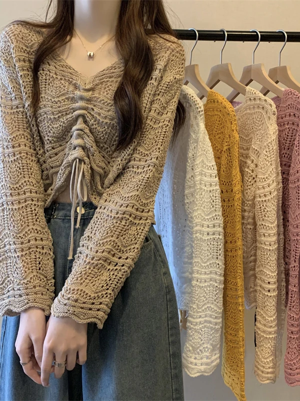 

Женский вязаный свитер с V-образным вырезом и длинными рукавами, тонкий, зимний, свободный, повседневный, комфортный, средней мягкости, трикотажный